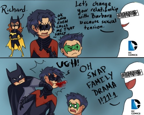 arkhamboundz:  dapandabanda:  Dick’s life sucks… well, you know. Seriously guys it’s like all the DC writers get together and say OK so Dick Grayson let’s fuck up his life real hard ok And they do. Over and over and over again.  I’m crying okay