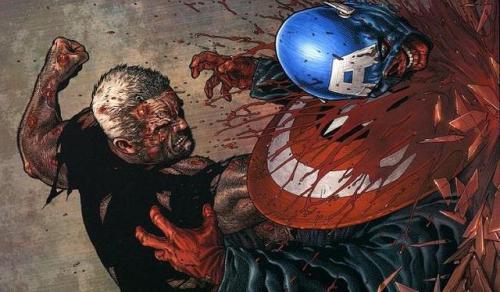 Wolverine decapitating Red Skull with Captain America’s shield.from the comic “Old Man Logan” (2008)