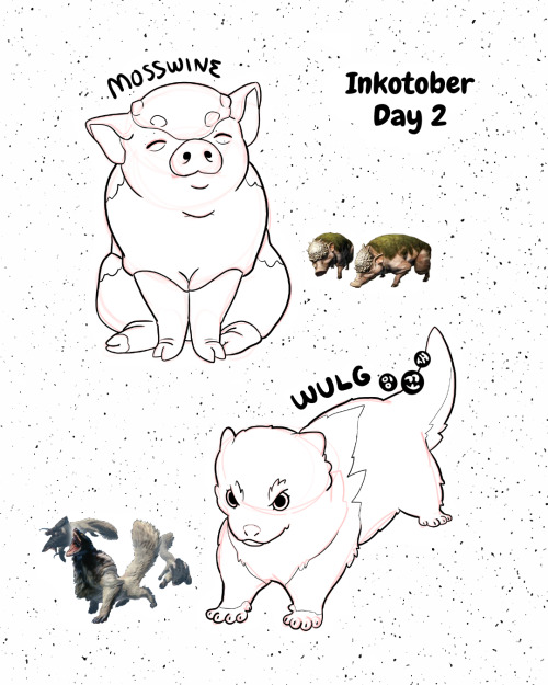 Inktober Day 2. A Mosswine piglet and Wulg Pup!