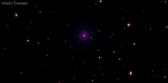 This animation depicts a distant pulsar blinking amidst a dark sky speckled with colorful stars and other objects. The pulsar is at the center of the image, glowing purple, varying in brightness and intensity in a pulsating pattern. As the camera pulls back, we see more surrounding objects, but the pulsar continues to blink. The image is watermarked “Artist’s concept.” Credit: NASA’s Goddard Space Flight Center