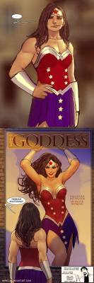 ilikecomicstoo:  swegener:  gynocraticgrrl:  sephirajo: [A vertically formatted two panel comic-strip of Wonder Woman looking at a less muscular, more cleavage-baring poster of herself that she comments about by saying: “Fucking Photoshop!”]  there