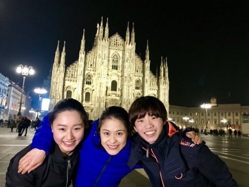 timeofalbion: Wakaba Higuchi, Satoko Miyahara, and Kazuki Tomono at the 2018 World Figure Skati