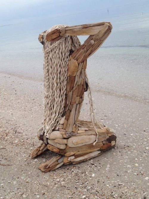 ‘Ocean Goddess’ made from uncut driftwood found on the beach.Created by Alan Borg