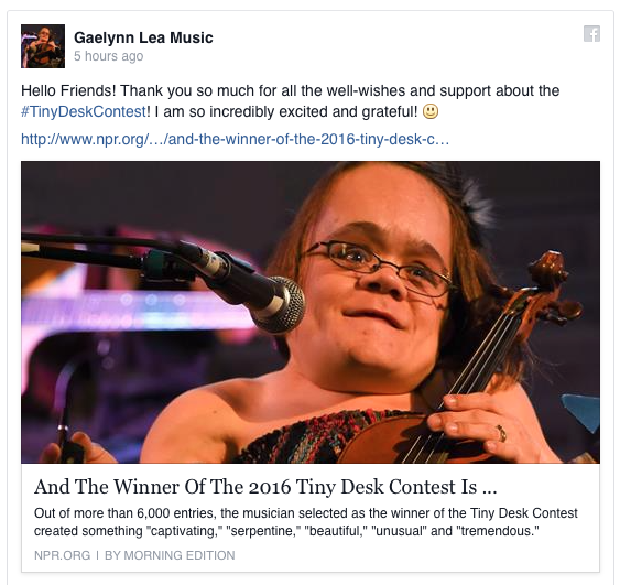 micdotcom:  Gaelynn Lea wins NPR’s Tiny Desk Contest Gaelynn Lea is a 32-year-old