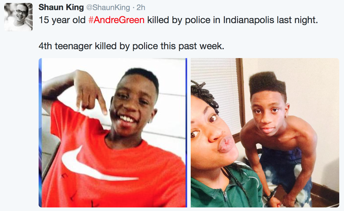 blackblocparty:  Andre Green, 15 years old, was killed last night (August 9, 2015)