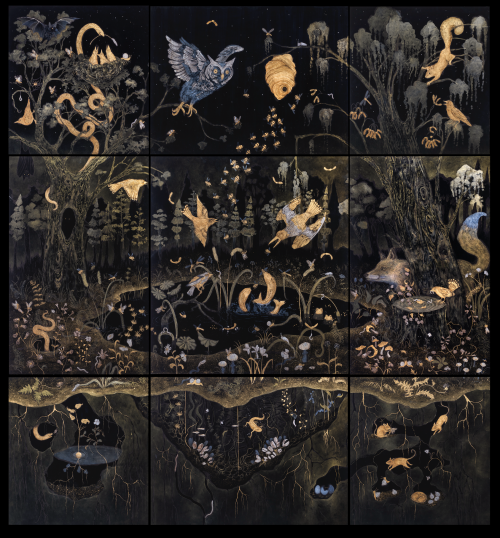 jareckiworld:Tuesday Riddell — Beneath The Bee’s and The Black Pond  (gold and silver leaf, gold powder, lustre powder and paint on japanned board, 2021)