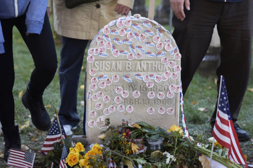 Suffragette Susan B. Anthony’s gravestone covered with “I Voted” stickers