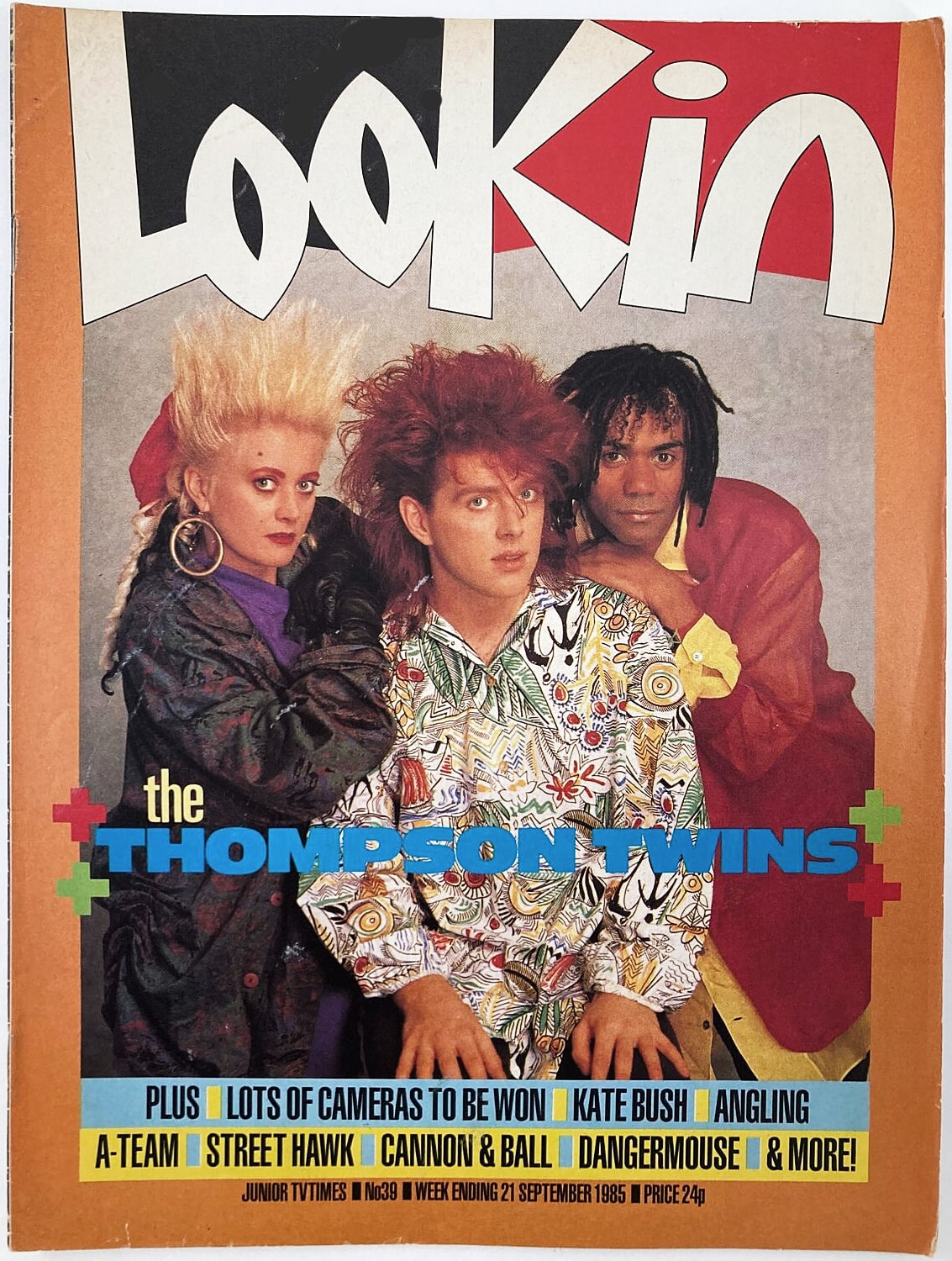 <p>The Thompson Twins on the front cover of Look-in magazine (Sept 1985)</p>