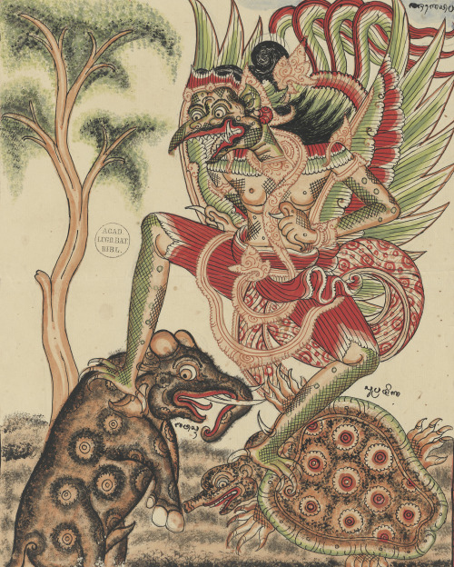 Ilustration by Ida Made Tlaga of Garuda with Bawasu and Supratika, late 19th century