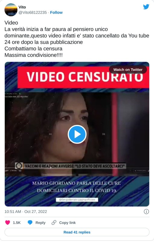 Video La verità inizia a far paura al pensiero unico dominante,questo video infatti e' stato cancellato da You tube 24 ore dopo la sua pubblicazione Combattiamo la censura Massima condivisione!!!! pic.twitter.com/ISt5EWLZ2q  — Vito (@Vito68122235) October 27, 2022