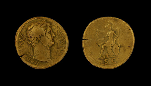 via-appia:Brass sestertius of Emperor Hadrian - left likeness of Hadrian, right VictoryRoman,&n