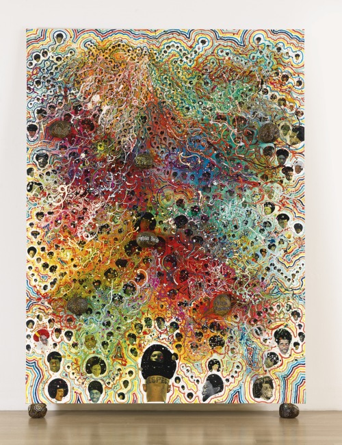 thunderstruck9:  Chris Ofili (British, b. 1968), Afrodizzia, 1996. Acrylic, oil, polyester resin, paper collage, glitter, map pins and elephant dung on linen, canvas: 243.8 x 182.8 cm., overall:  252.1 x 182.9 cm.