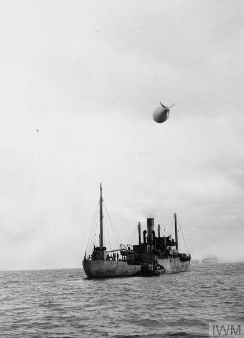 Barrage balloons for merchant ships in convoy, to defend againstdive-bombers (Greenock or Gourock, S