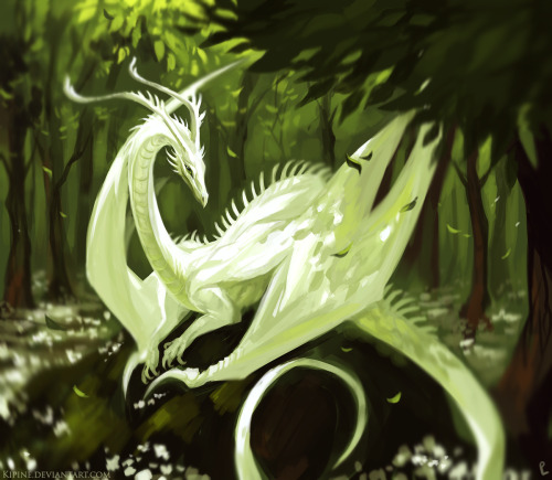 kipine: A kind white dragon protects her lair of young trees and lovely flowers! Perhaps she could g