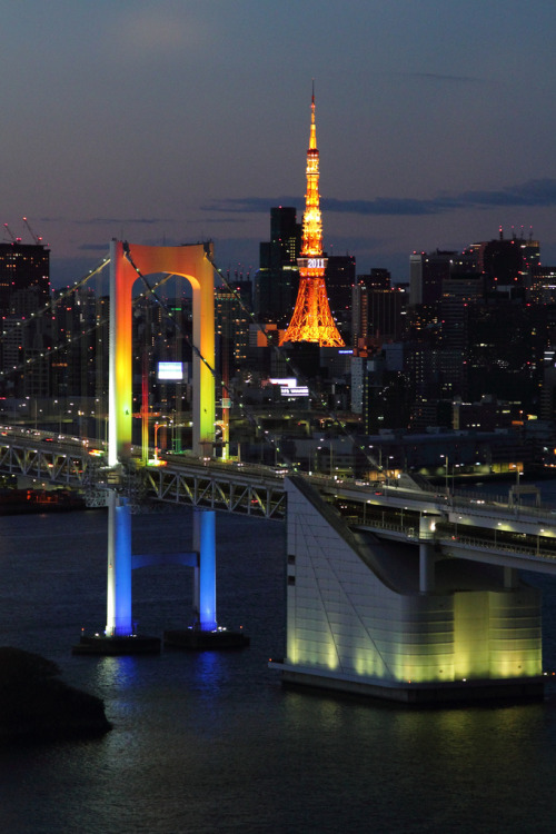 The Rainbow Bridge (レインボーブリッジ Reinbō burijji) is a suspension bridge crossing northern Tokyo Bay bet