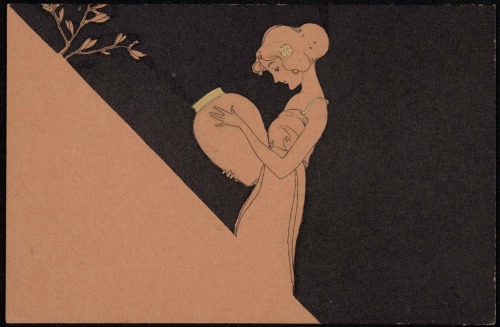 heaveninawildflower:Woman holding a vase (1903). Postcard design by Raphael Kirchner (1876–1917). Pu