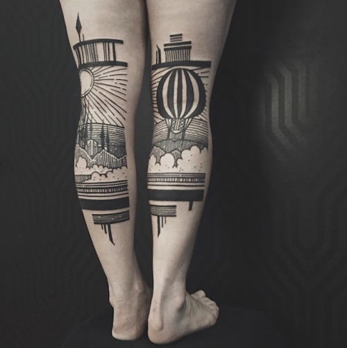 kateordie:jedavu:Stunning Diptych Tattoos Form Landscapes Across the Backs of LegsTattoo artist Hous