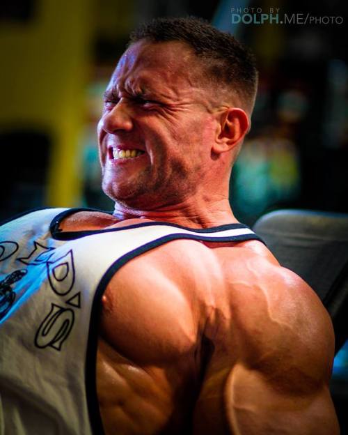 hardbeefydensemuscle:  Matthew Evans - alpha male intensity, gargantuan pecs and a nip peekabo 