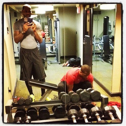 fuckyealebronjames:  Just got to the hotel in Orlando bout to get this workout with @dwyanewade #StriveForGreatness#NoDaysOff 