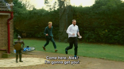 everyshadeofwrong: taskmastercaps: [ID: A screencap from Taskmaster. James Acaster chases Alex Horne