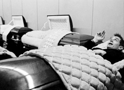 babeimgonnaleaveu:   James Dean posing amusingly in a casket in a funeral parlour, seven months before he died, 1955. 