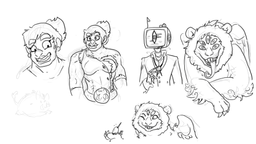 missyzero:Here is some doodles of Big Bertha as an orc and has a human1 And dinking about with Sheldons design once again. There we have his robotic form that is sort of a robot powered by demons. I guess technically a golem. And there we have one of