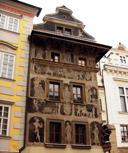 kafkaesque-world:Franz Kafka’s Residence (1889-1896), Prague. During Kafka’s early childhood, his family lived in a 17th-century house – called the House of the Minute (Minuta) with beautiful Italian Renaissance-style sgraffito frescos on biblical