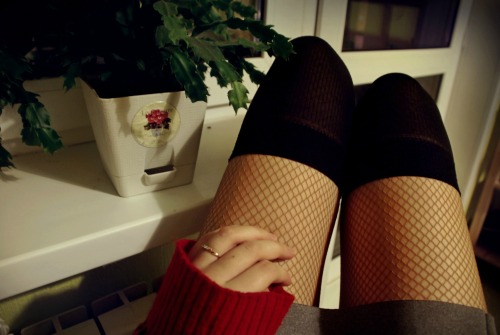 Sexy woman in brown fishnet pantyhose under knee high socks by MissKittin2.Visit the blog of a sexy 