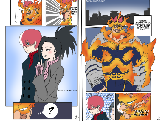reyflo:  (Read from right to left) Endeavor spotting Shouto with a girl(Momo) would probably be so funny since he’s so doting when it comes to Shouto. Lol stay tuned…