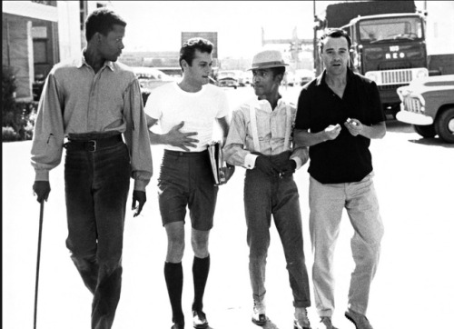 Sidney Poitier, Tony Curtis, Sammy Davis Jr. Jack Lemmon and roam at MGM Studios in Los Angeles in 1