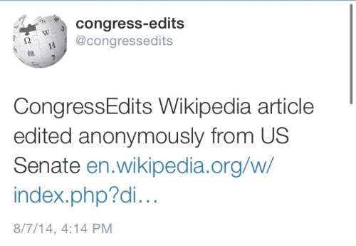 marvelificent: Some of the best tweets by @congressedits, a bot that logs all of the wikipedia revis