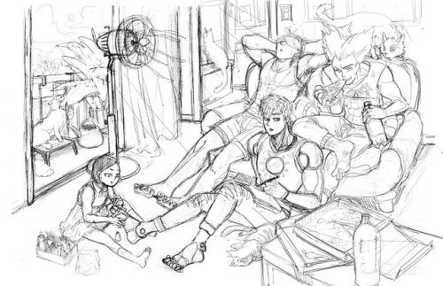 Pencil sketch of Genos, Garou, Metal Bat, and his kid sister Zenko chillin out on a hot summer day. 