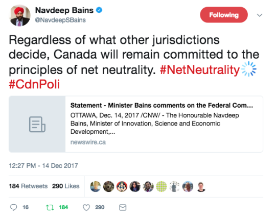Statement - Canadian Minister of Innovation, Science and Economic Development, Bains, comments on the Federal Communications Commission vote on net neutrality