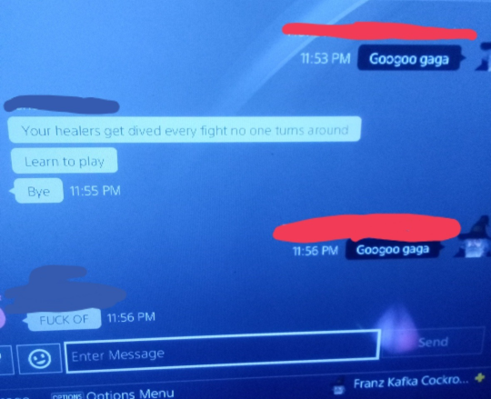 eliteknightcats:swankwave92:eliteknightcats:2bears-high5ing:eliteknightcats:eliteknightcats:me and my friends do this thing called “hitting em with the googoo gaga” where when we get hate mail or shit talked in online games we just reply “googoo