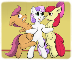 dashaloo:  Sweetie Belle bounded through the club house and placed herself in-between her two bestest friends before locking them close to her in her hooves.&ldquo;So what’s all this about Sweetie Belle?&rdquo; questioned Apple Bloom.&ldquo;Rarity just