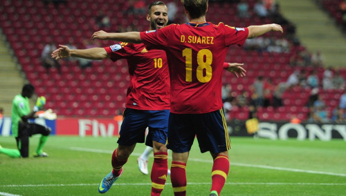 Jesé and Denis Suarez celebrating Spain&rsquo;s goal against Ghana