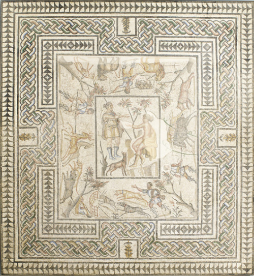 Mosaic floor from Villelaure with Diana and Callisto surrounded by hunt scenesVillelaure, France, 3r