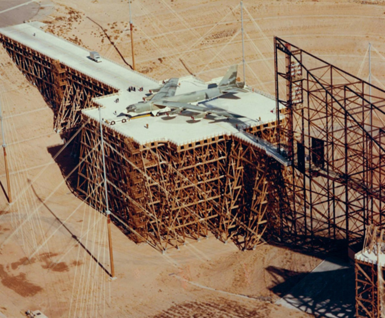 The ATLAS-I (Air Force Weapons Lab Transmission-Line Aircraft Simulator) test facility with a Boeing B-52 in test position.
Better known as Trestle, it was the codename for a unique electromagnetic pulse (EMP) generation and testing apparatus built...