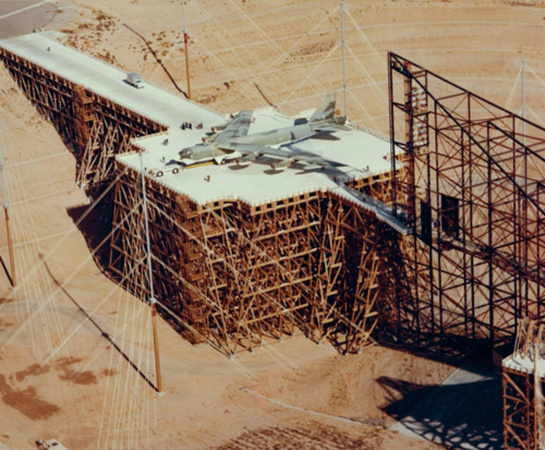 The ATLAS-I (Air Force Weapons Lab Transmission-Line Aircraft Simulator) test facility with a Boeing