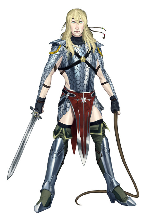 Character design of my DnD character, a paladin Aasimar named Kit L’Artash who hasn’t re