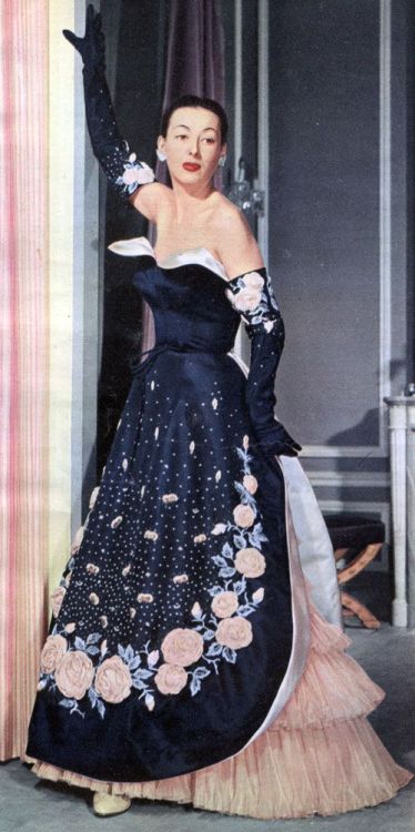 Ciao Bellísima - Vintage Glam; Model wearing Balmain evening gown with matching gloves, 1951