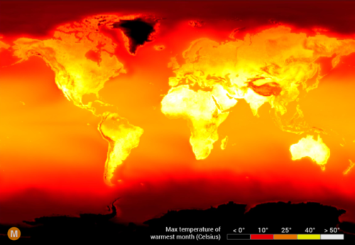 Annual peak temperatures across the world