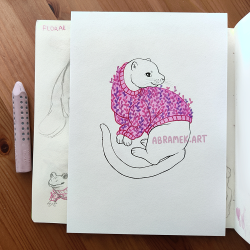 A drawing of a mink in a pink jumper. The jumper is covered with small plants growing out of it.