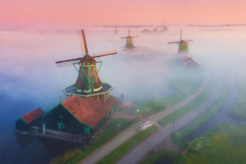 archatlas:     Dutch Windmills in the Fog  Photographer Albert Dros woke up early in the morning to shot the incredible windmills’ village of Zaanse Schans. He creates then a fairy atmosphere looking like a Grimm brother’s novel. The village, usually