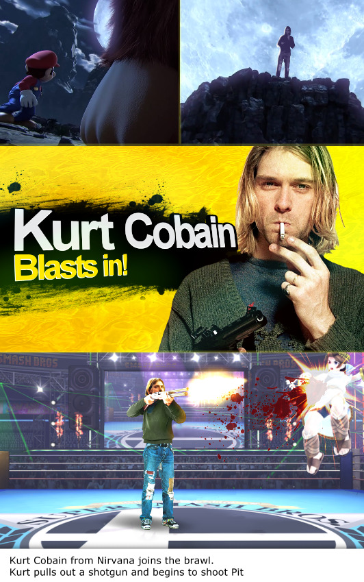 fanfictionimg:  Kurt Cobain from Nirvana joins the brawl. Kurt pulls out a shotgun