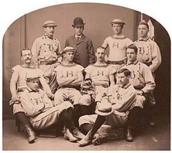 this-day-in-baseball:  February 12, 1878 Fredrick Thayer (middle row, 2nd from left) receives a patent for an innovative mask he designed last season to protect his team’s promising catcher, James Tyng. Thayer, the Harvard team manager, used an oblong