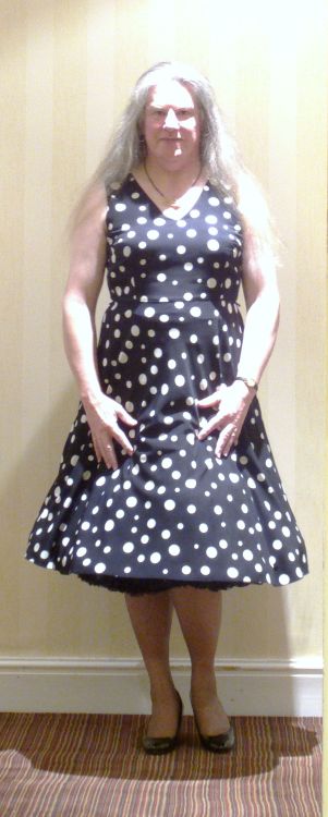 Monday afternoon, black dress with white polka dots &amp; dual layer of petticoats, Silkies tigh