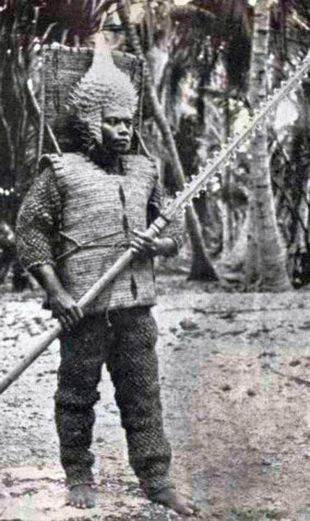 Kiribati has a history of contrived and ritualized duels. The armor was made of thickly woven sennit