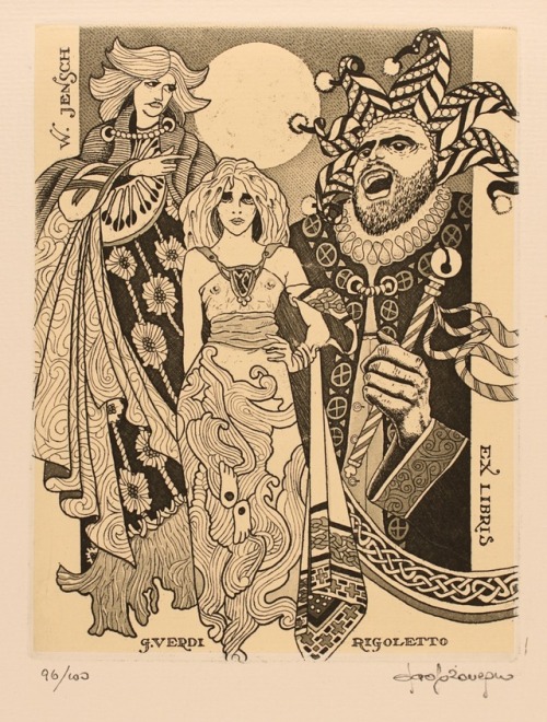 Dr. Wolfgang Jensch bookplate (1997). Paolo Rovegno (Italian).The bookplate depicts actors singing i