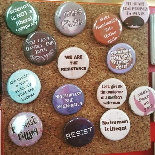 Buttons for the #resistance! (And more.) Today at @geekcraftexpo and always at my shop, jentalleydes